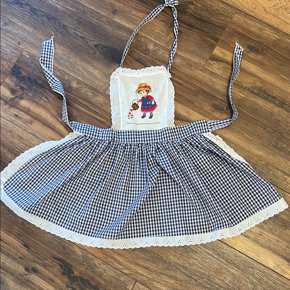 Vintage Blue Gingham Apron with Embroidered Girl
